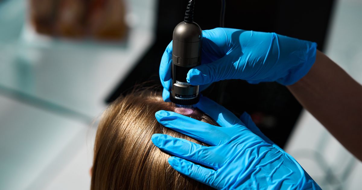 Dermatologista avaliando couro cabeludo com tricoscopia