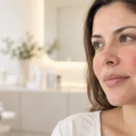 Pele com vermelhidão facial avaliada para tratamento da rosácea